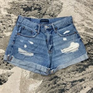 Y2K Aeropostale Mom Shorts Women 6 Blue Denim High Rise Distressed Cuffed Hem
